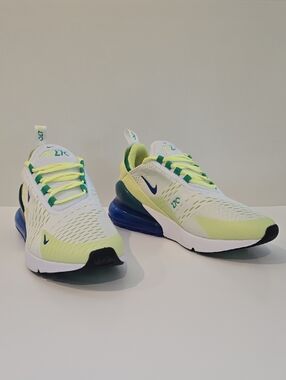 Nike Kids Air Max 270 BG— White, Lemon Twist, Stadium Green & Blue Size: 7Y W8.5
